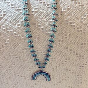 Handmade Vintage Safety Pin Necklace Squash Blossom Turquoise Blue Silver​​​